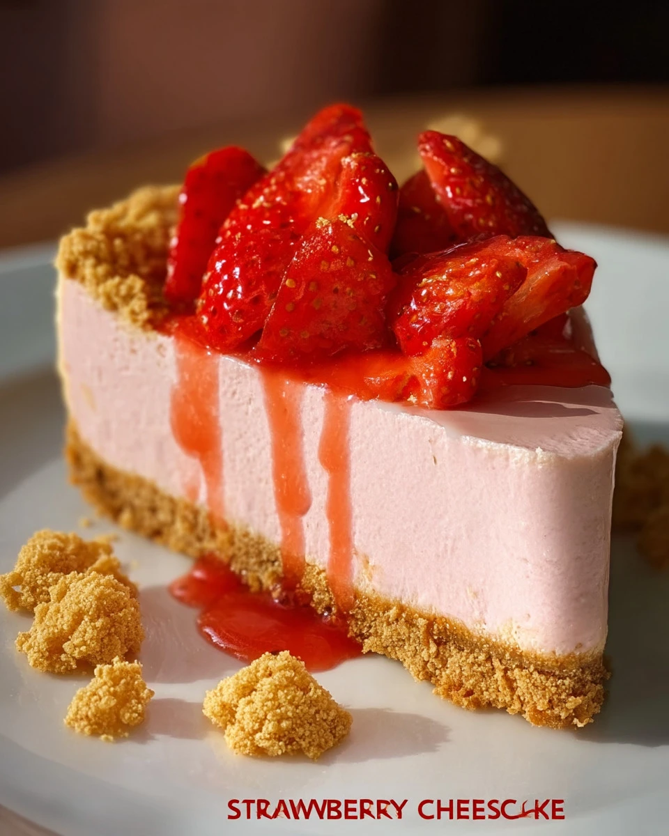 Delicious Strawberry Crunch Cheesecake with fresh strawberries and crunchy topping