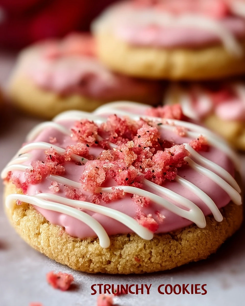 Delicious homemade strawberry crunch cookies on a baking sheet