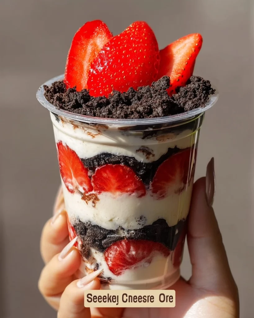 Delicious Strawberry Oreo Cheesecake Cup topped with fresh strawberries