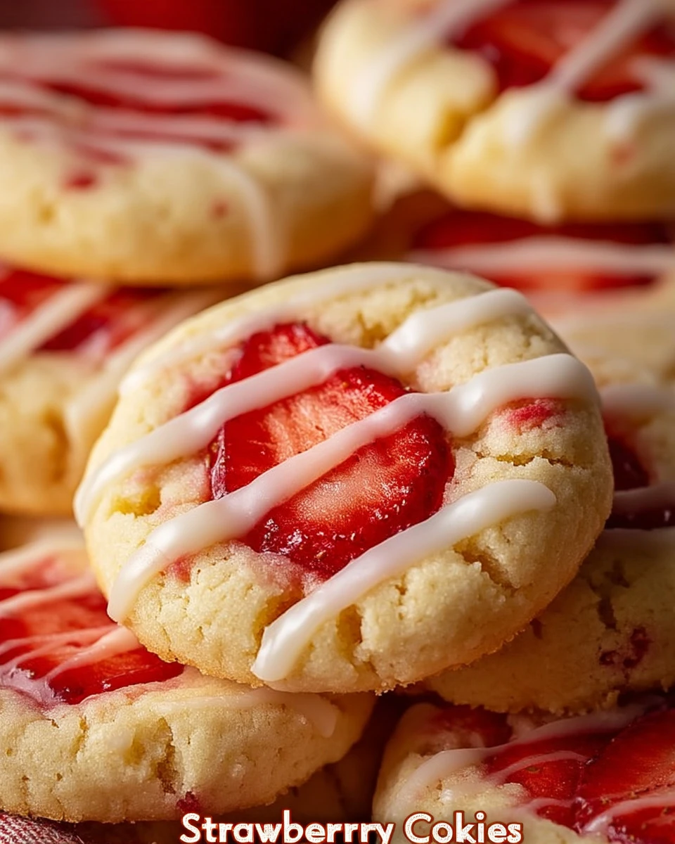 Freshly baked Strawberry Shortcake Cookies on a plate.
