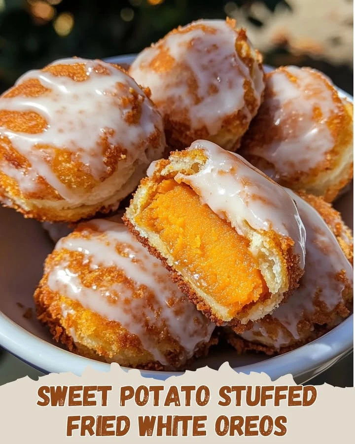 Sweet potato stuffed fried white Oreos on a plate for a delicious dessert.