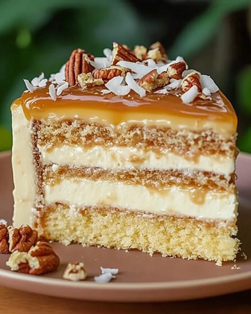 White German Chocolate Cake with a rich cheesecake center and chocolate topping.