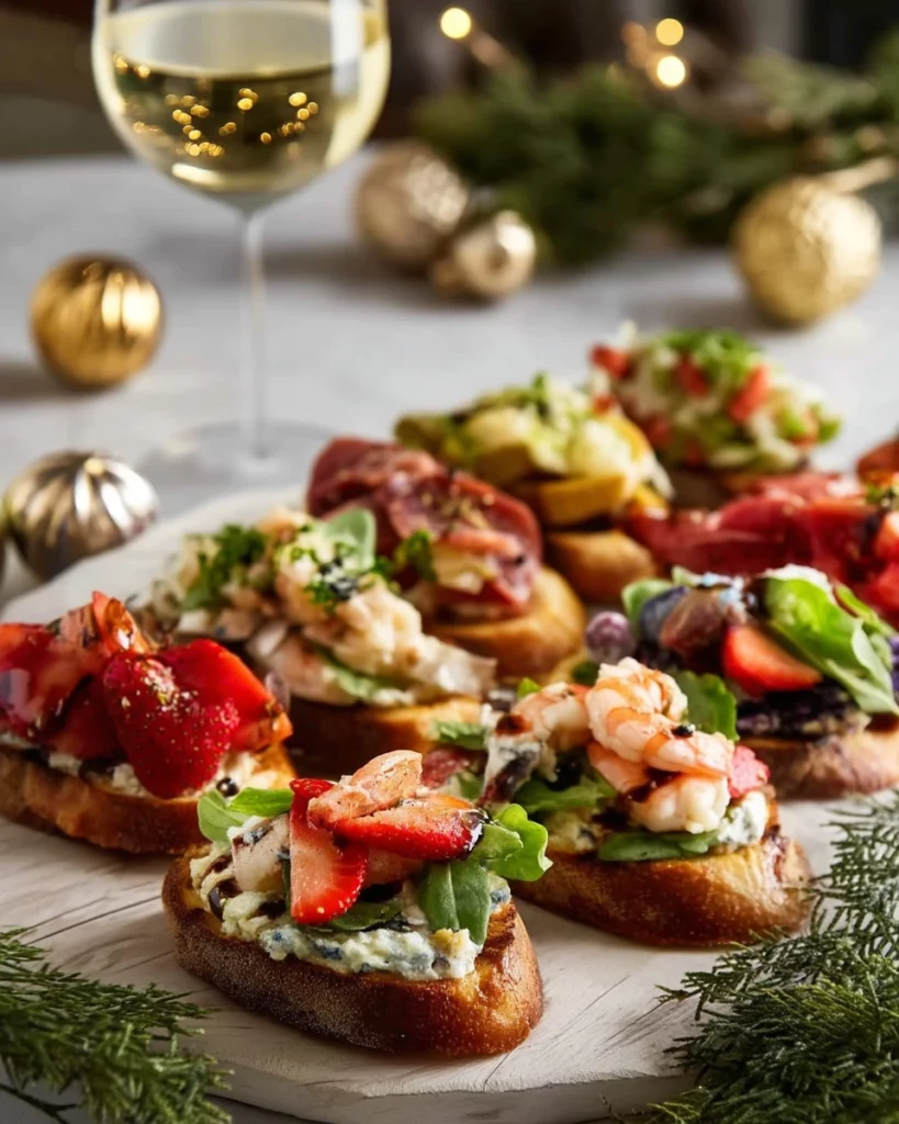 Variety of crostini appetizers with toppings on a wooden serving board.
