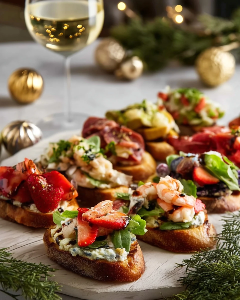 Variety of crostini appetizers with toppings on a wooden serving board.