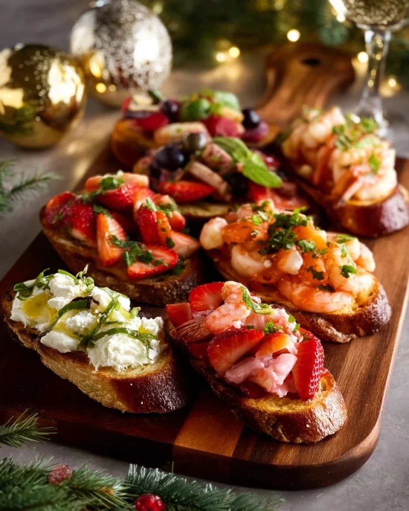 A platter of 8 irresistible crostini recipes topped with fresh ingredients.