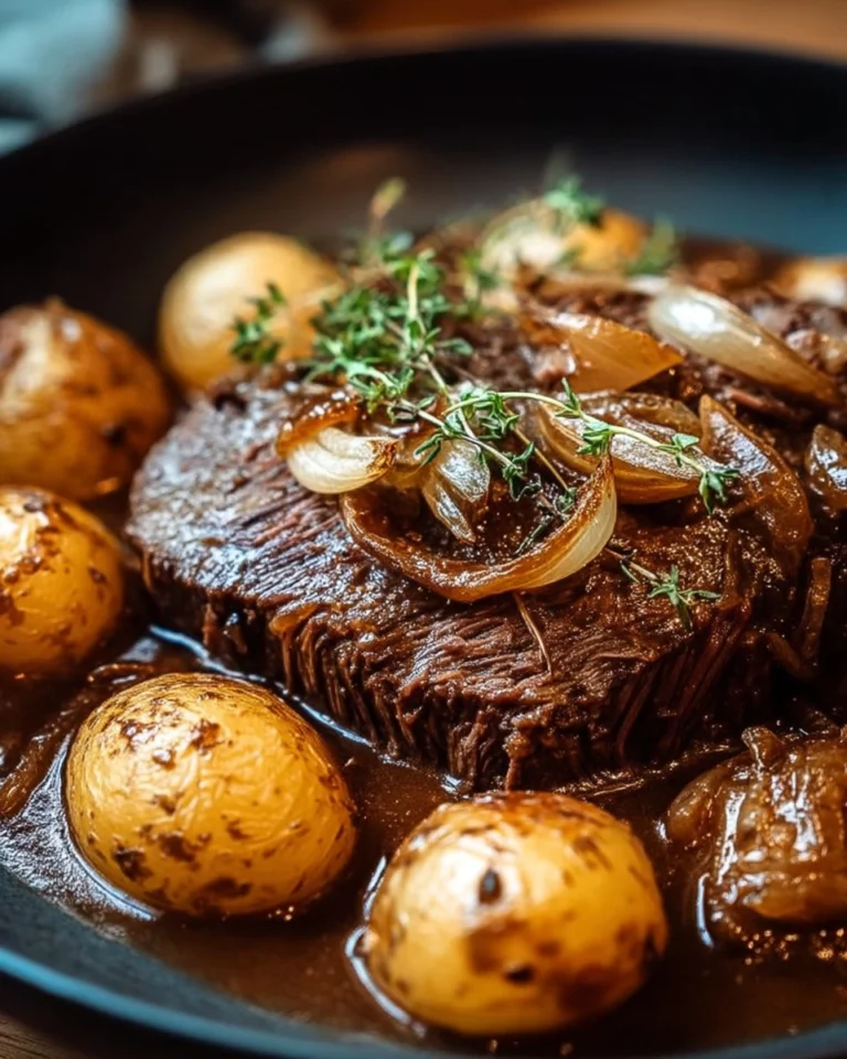 Delicious apple cider pot roast with potatoes served on a plate
