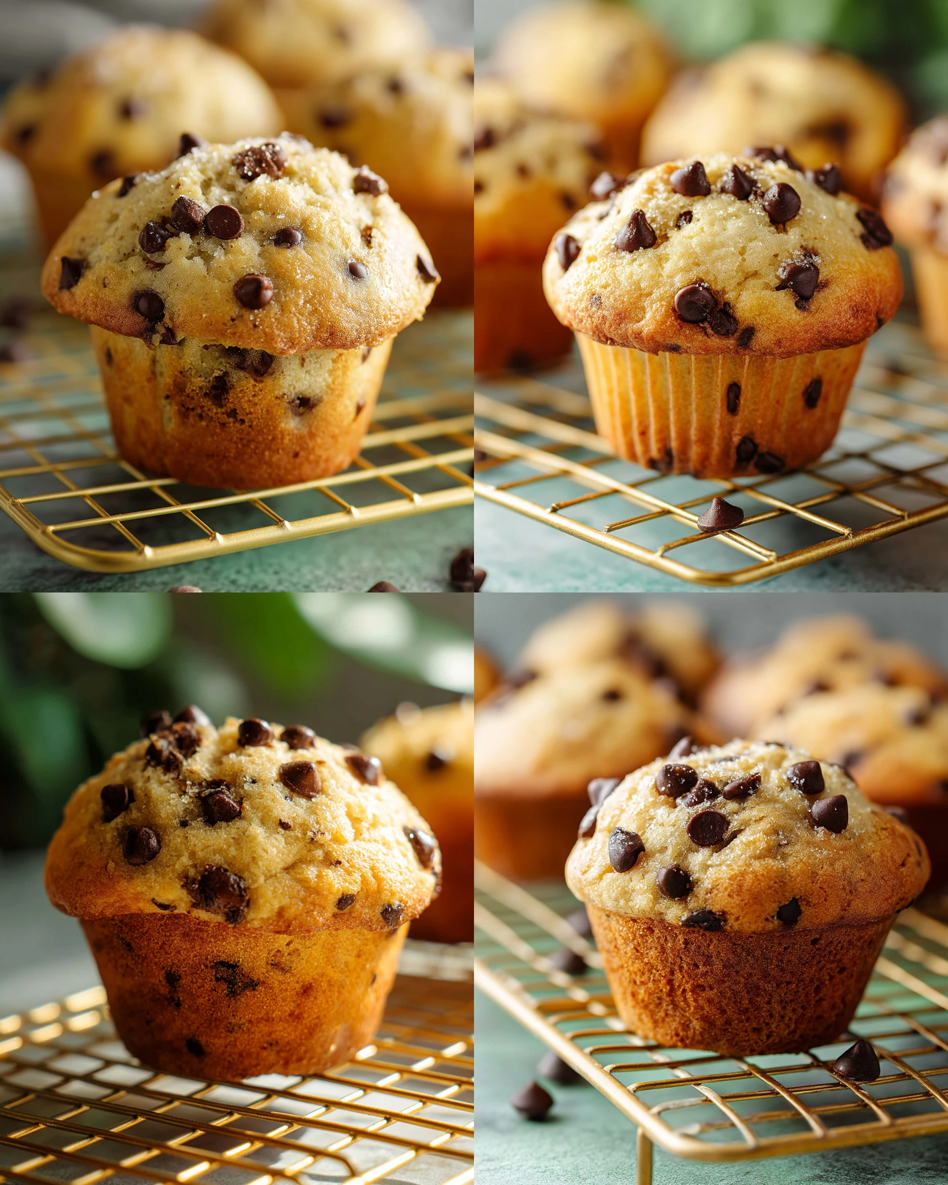 Freshly baked chocolate chip muffins on a cooling rack