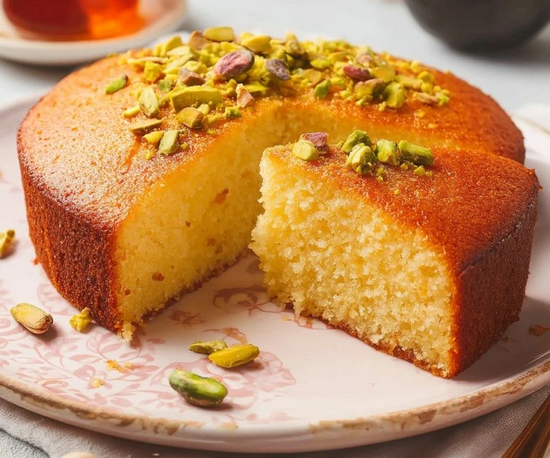 Traditional Basbusa semolina cake served on a wooden platter