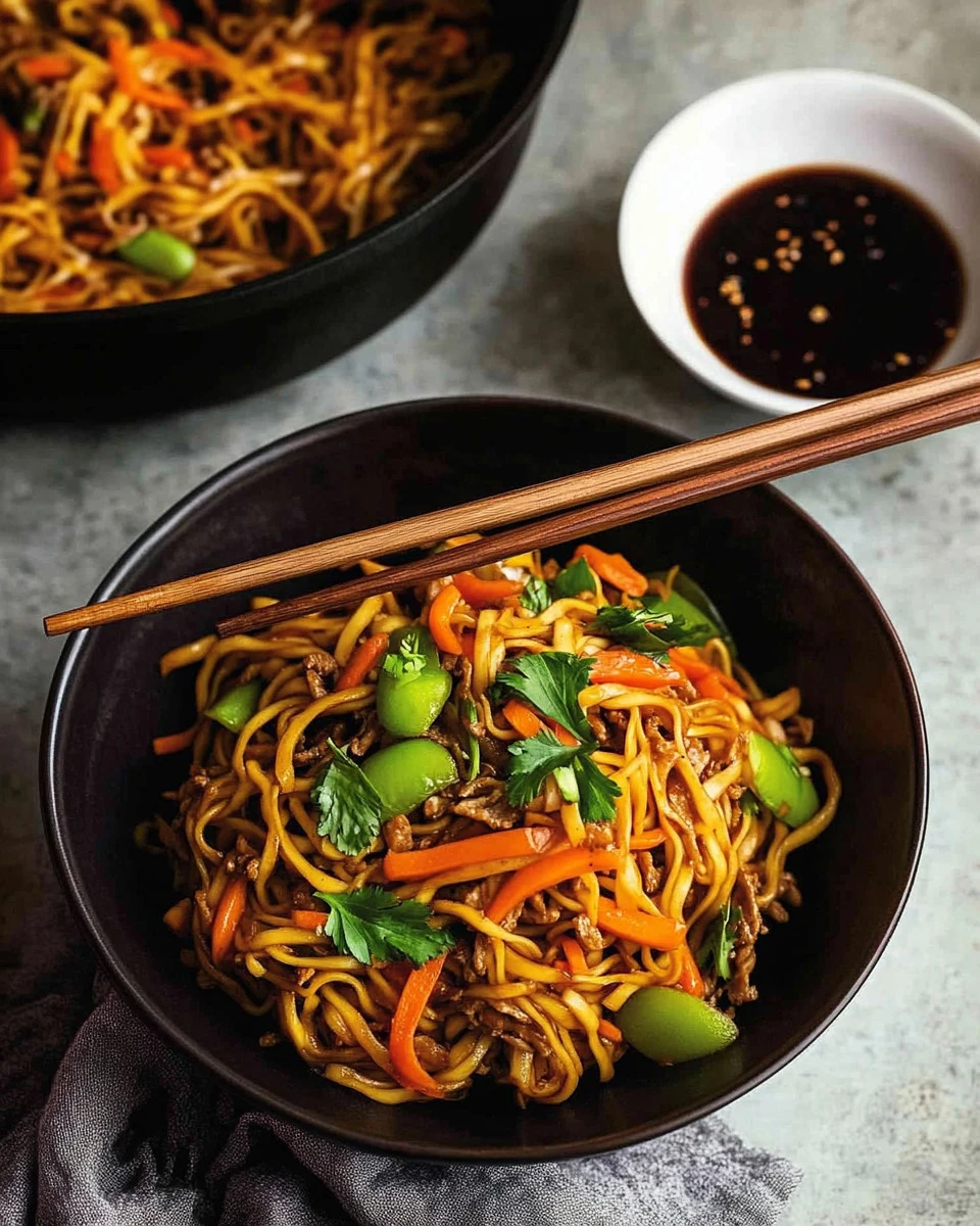A delicious plate of Beef Chow Mein with tender beef, fresh vegetables, and noodles