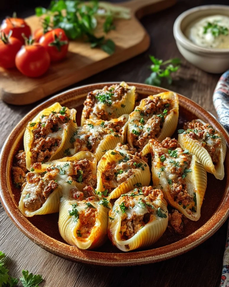 Baked beef stuffed shells with ricotta cheese and marinara sauce