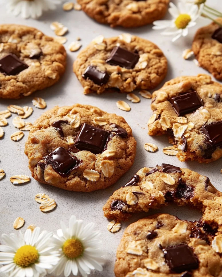 Delicious Brown Butter Oatmeal Chocolate Chip Cookies on a cooling rack.
