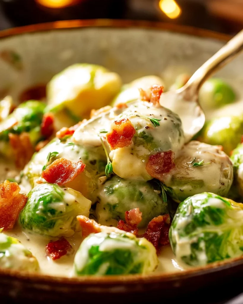 Brussels sprouts in creamy carbonara sauce with crispy bacon on a plate