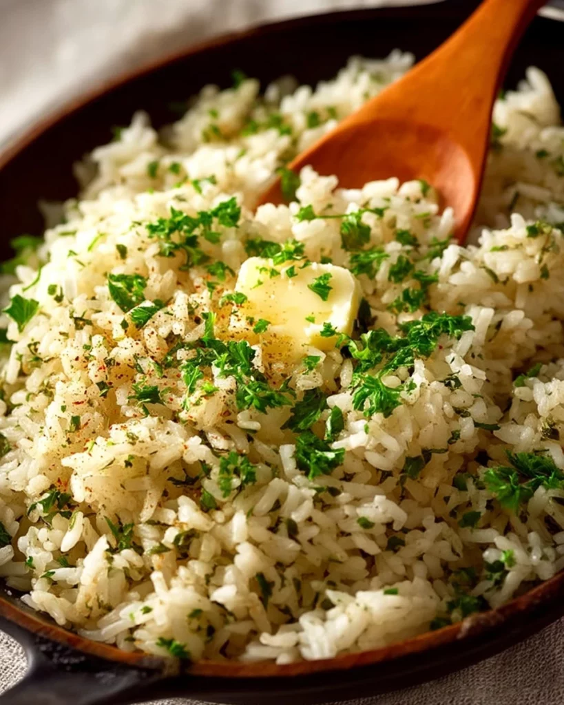 Buttery seasoned rice served in a bowl, garnished with herbs.