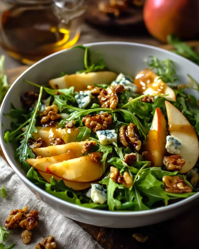 Delicious caramelized pear salad with mixed greens and vinaigrette