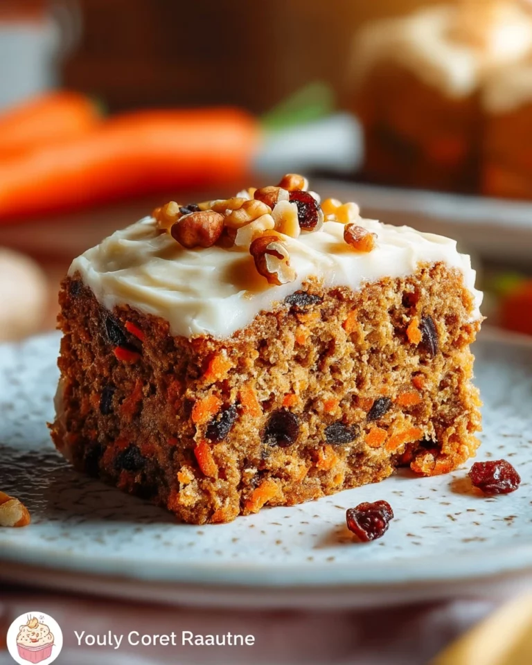 Slice of Carrot Raisin Oatmeal Cake topped with yogurt and nuts.
