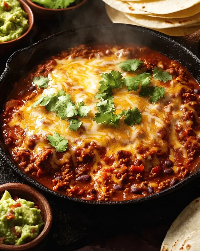 Cheesy baked Mexican beef and beans served in a colorful dish
