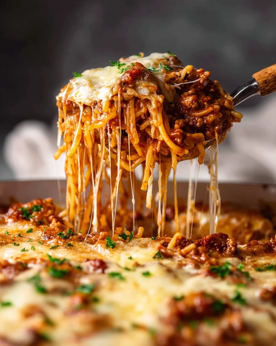 Cheesy baked spaghetti topped with gooey cheese and herbs, served in a dish.