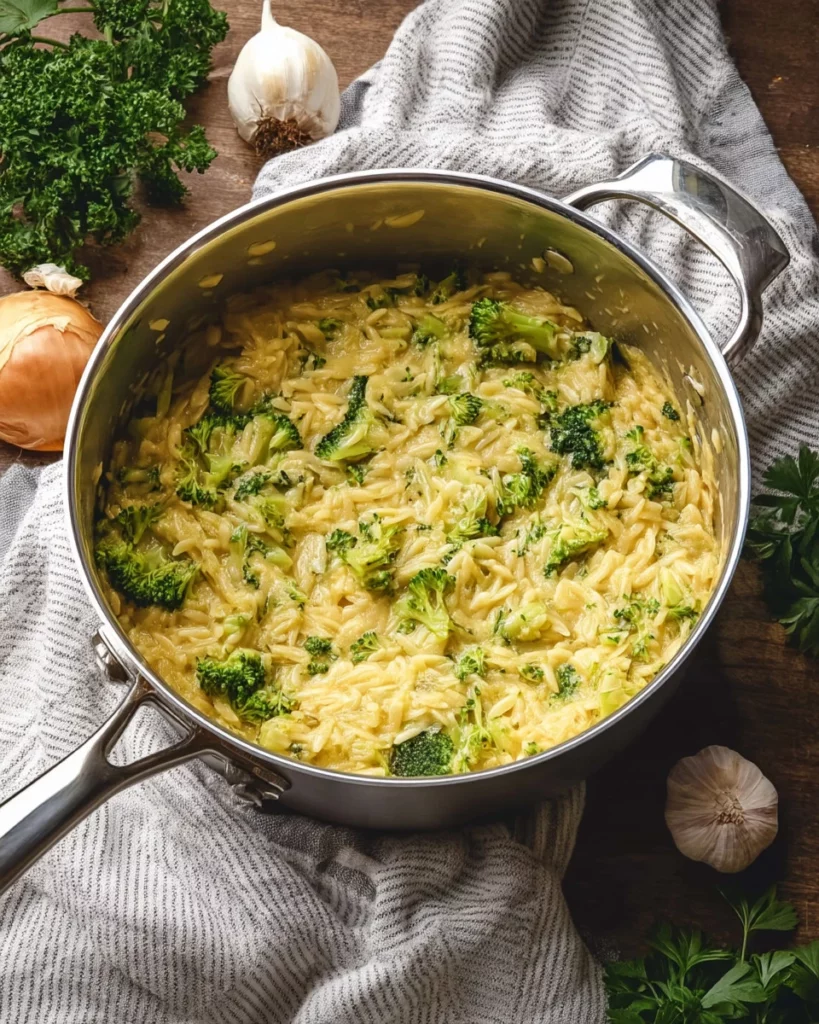 Dish of Cheesy Broccoli Orzo Delight garnished with herbs on a table
