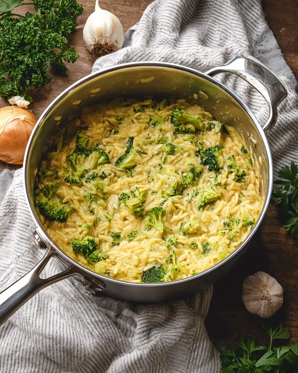 Dish of Cheesy Broccoli Orzo Delight garnished with herbs on a table