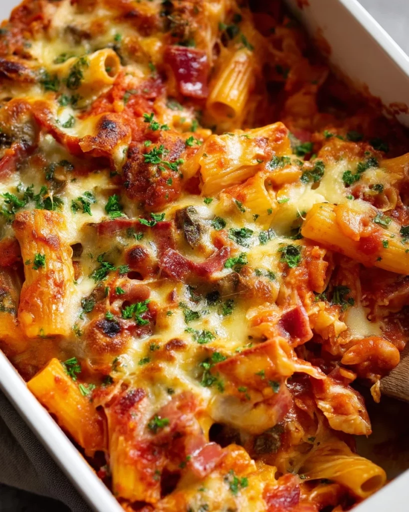 Cheesy chicken pasta bake with melted cheese and pasta in a baking dish.