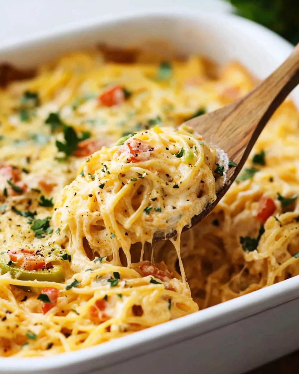 A bowl of cheesy chicken spaghetti topped with herbs and cheese, ready to serve.