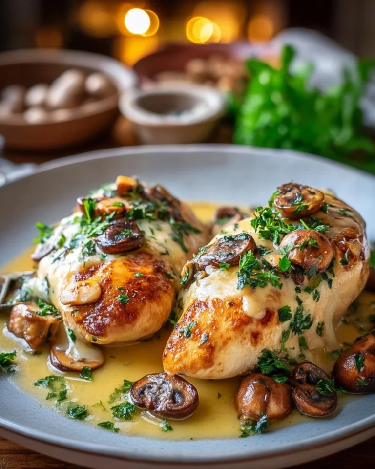 Cheesy garlic butter mushroom stuffed chicken on a plate with vegetables