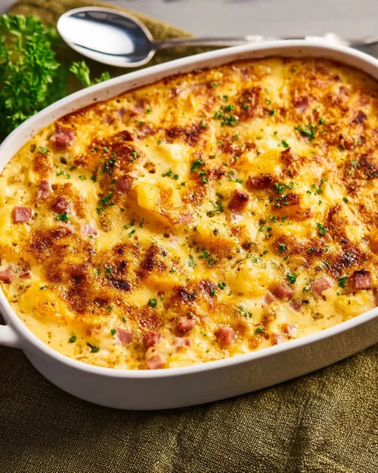 Cheesy ham and potato casserole dish garnished with herbs