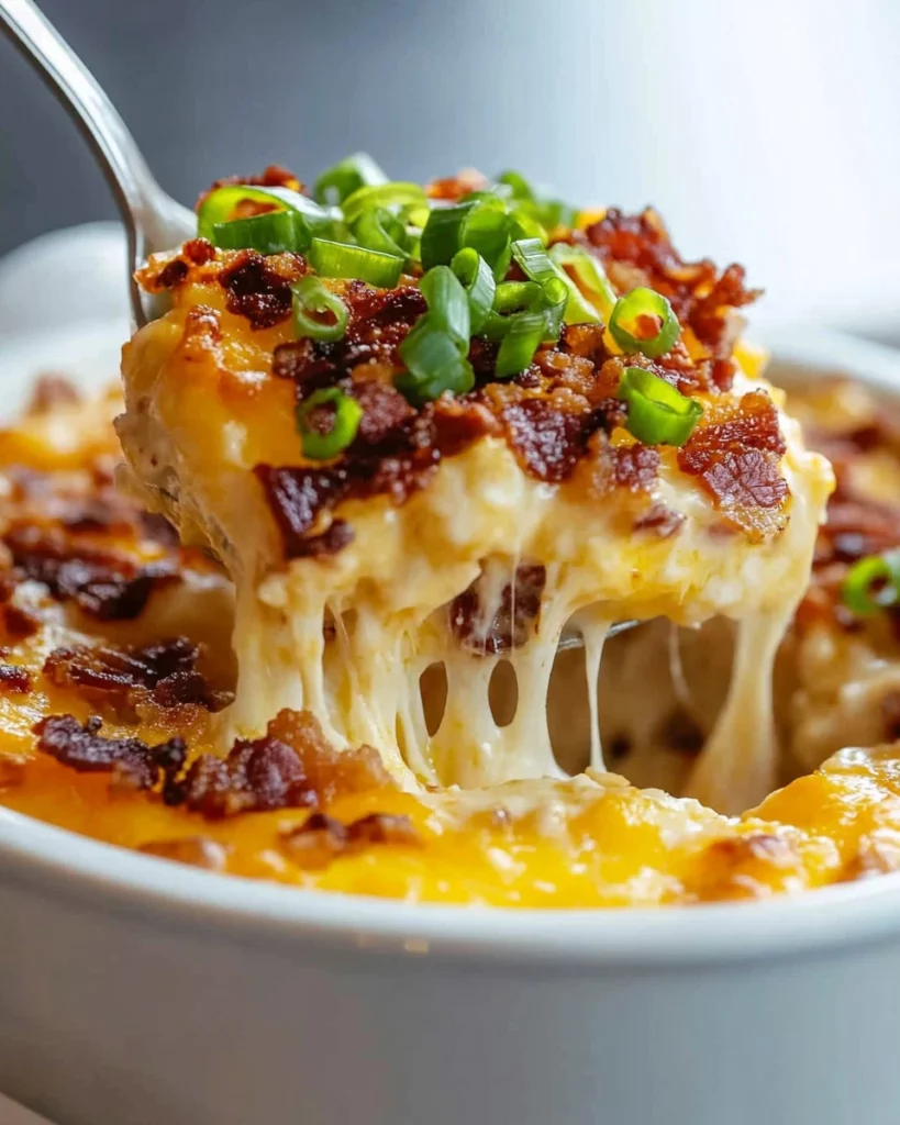 Cheesy mashed potato casserole topped with melted cheese and herbs