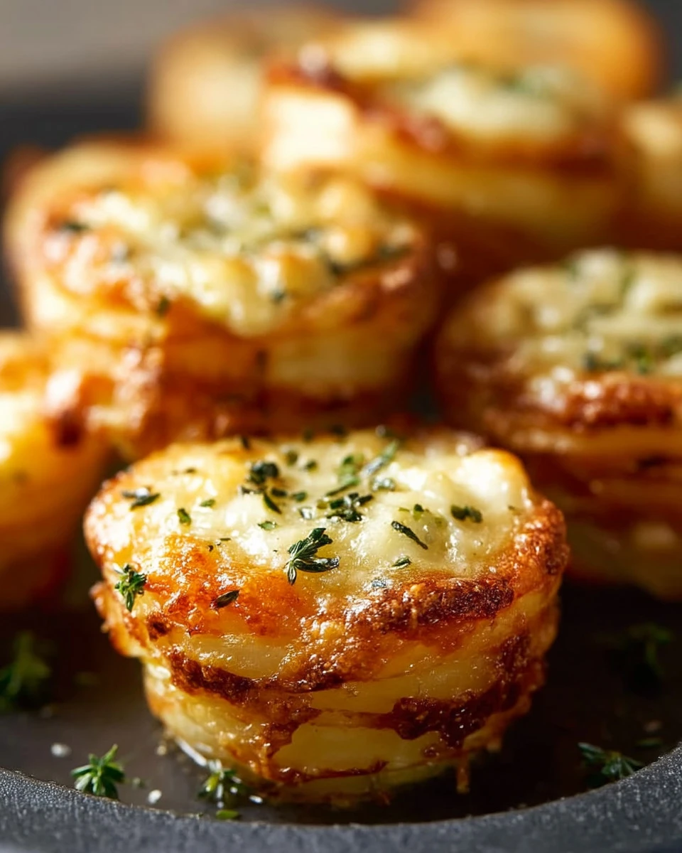 Cheesy potato gratin stacks baked in muffin tin with melted cheese on top.