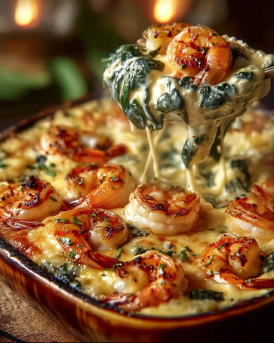 Cheesy shrimp and crab dip with spinach served in a bowl