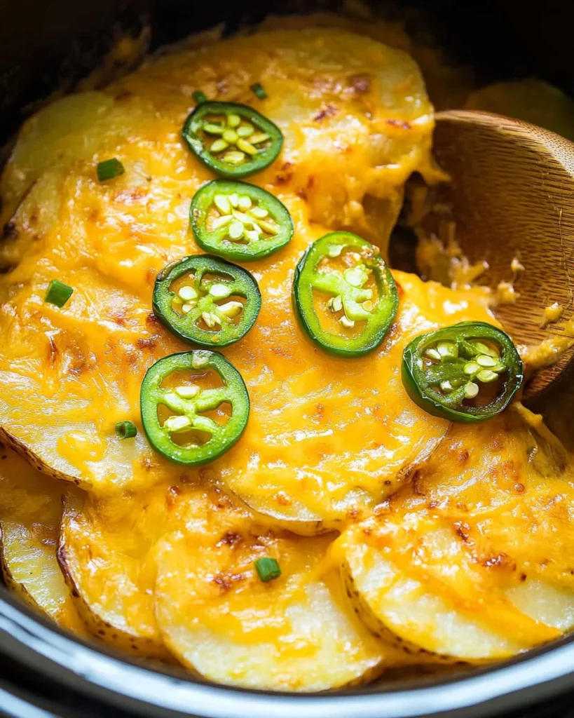 Cheesy slow cooker jalapeño scalloped potatoes in a creamy sauce