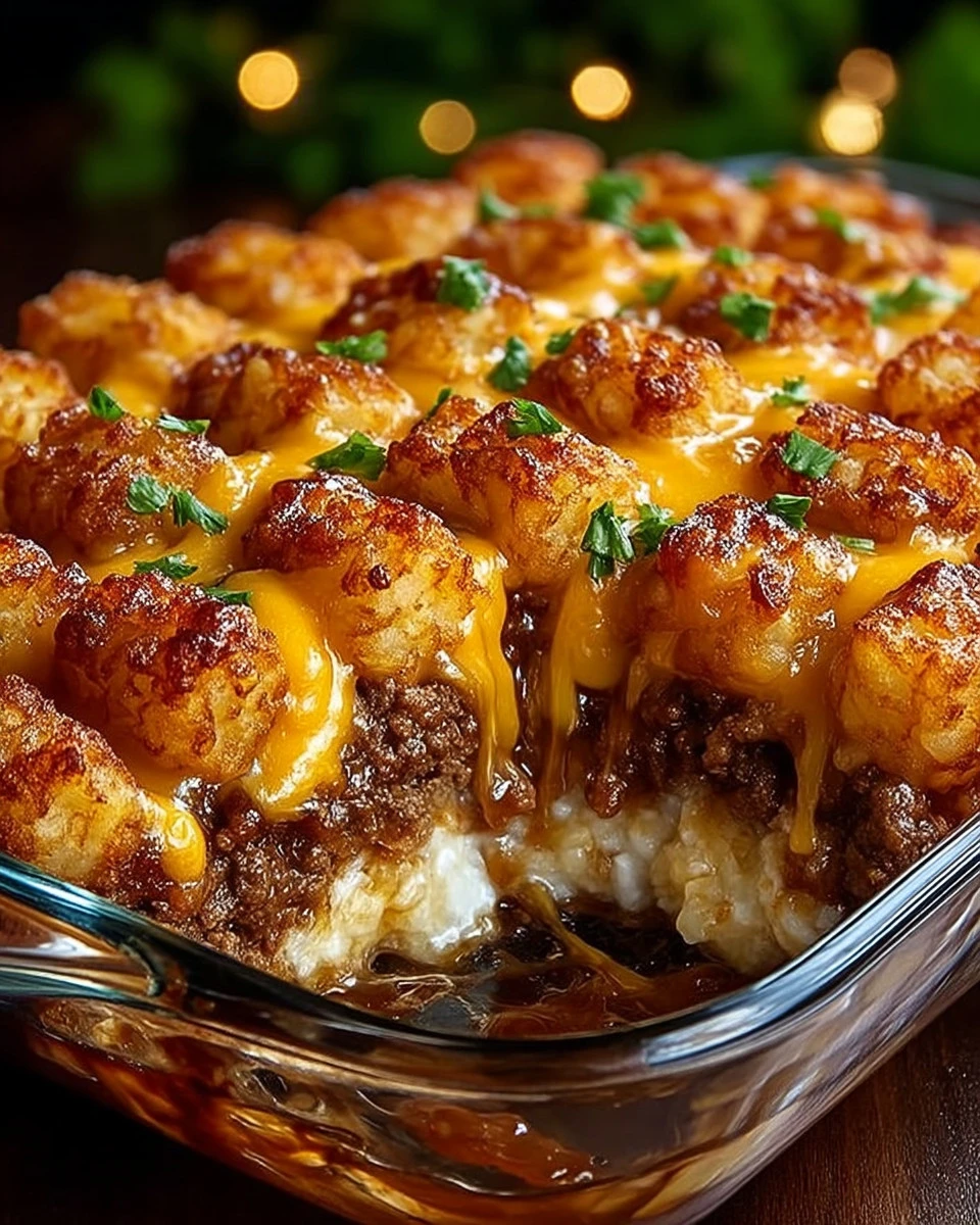 Cheesy Tater Tot Meatloaf Casserole topped with golden, crispy tater tots