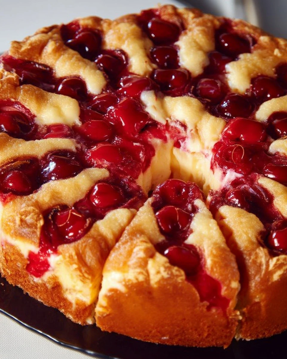 Slice of delicious Cherry Cheese Coffee Cake with cherries on top