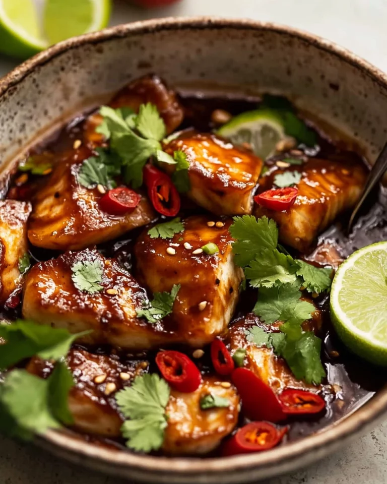 Delicious Chilli Lime Fish garnished with lime and chili peppers served on a plate.