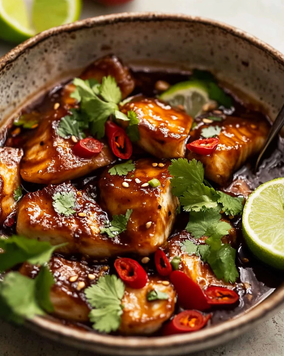 Delicious Chilli Lime Fish garnished with lime and chili peppers served on a plate.