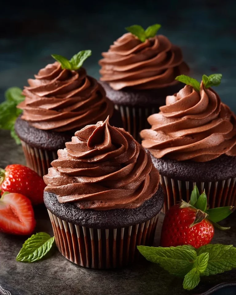 Delicious homemade chocolate cupcakes topped with creamy chocolate frosting