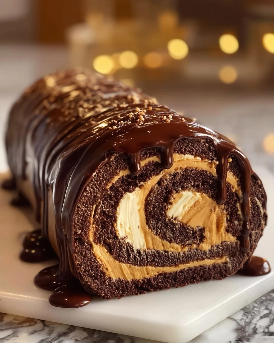 Delicious Chocolate Peanut Butter Roll dessert with chocolate glaze and peanut butter filling