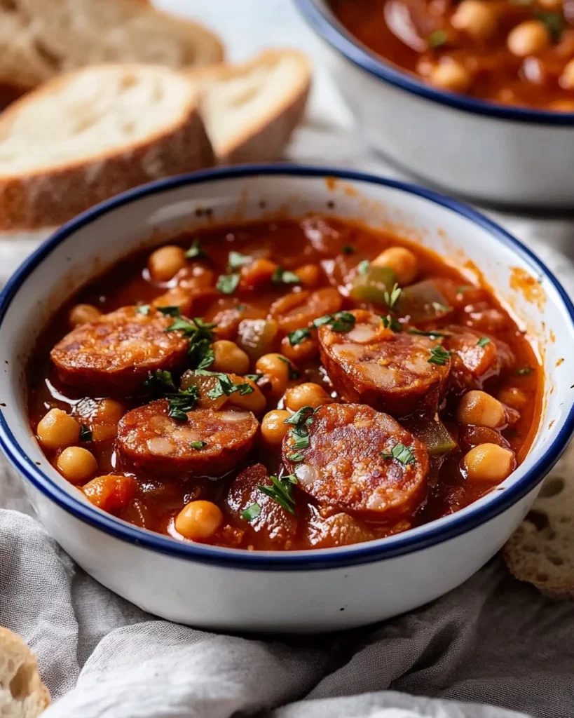Bowl of flavorful Chorizo Chickpea Stew with spices and herbs.