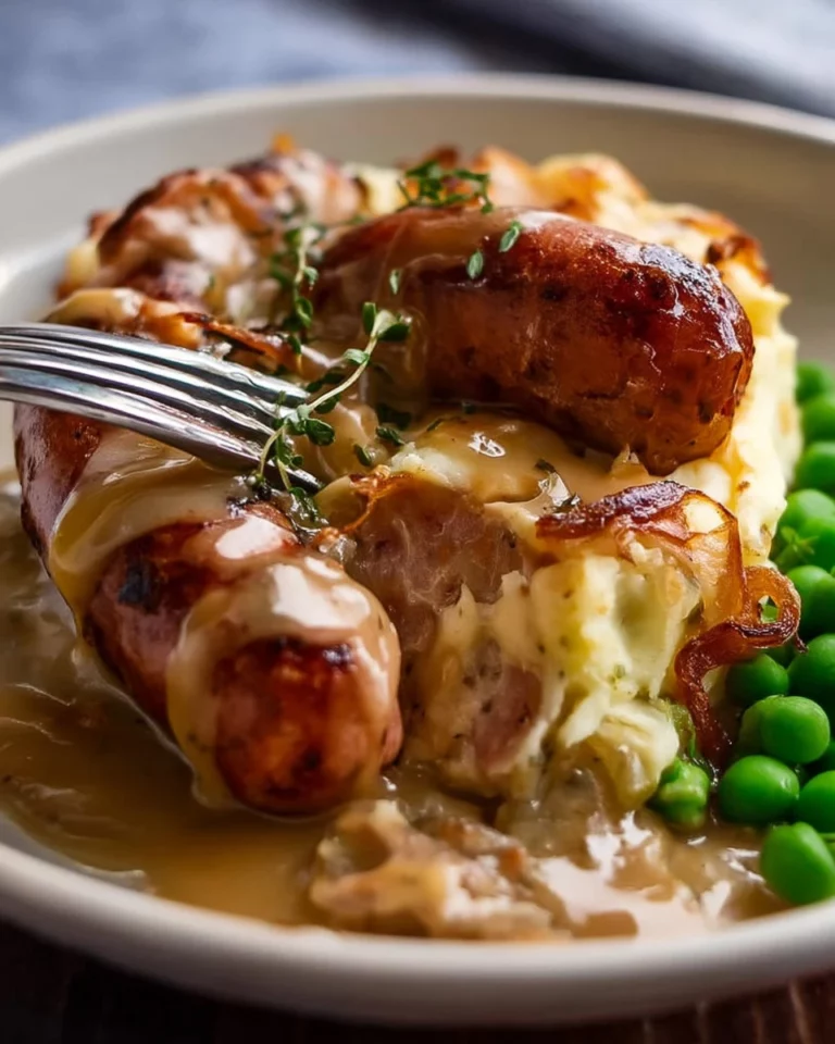 Classic bangers and mash with savory onion gravy served on a plate