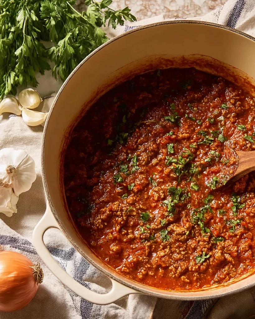 Classic Bolognese sauce simmering in a pot, ready to serve.