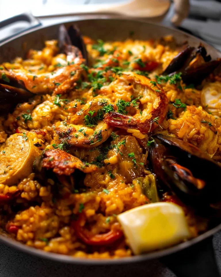 A traditional serving of Classic Spanish Paella with seafood and vegetables.