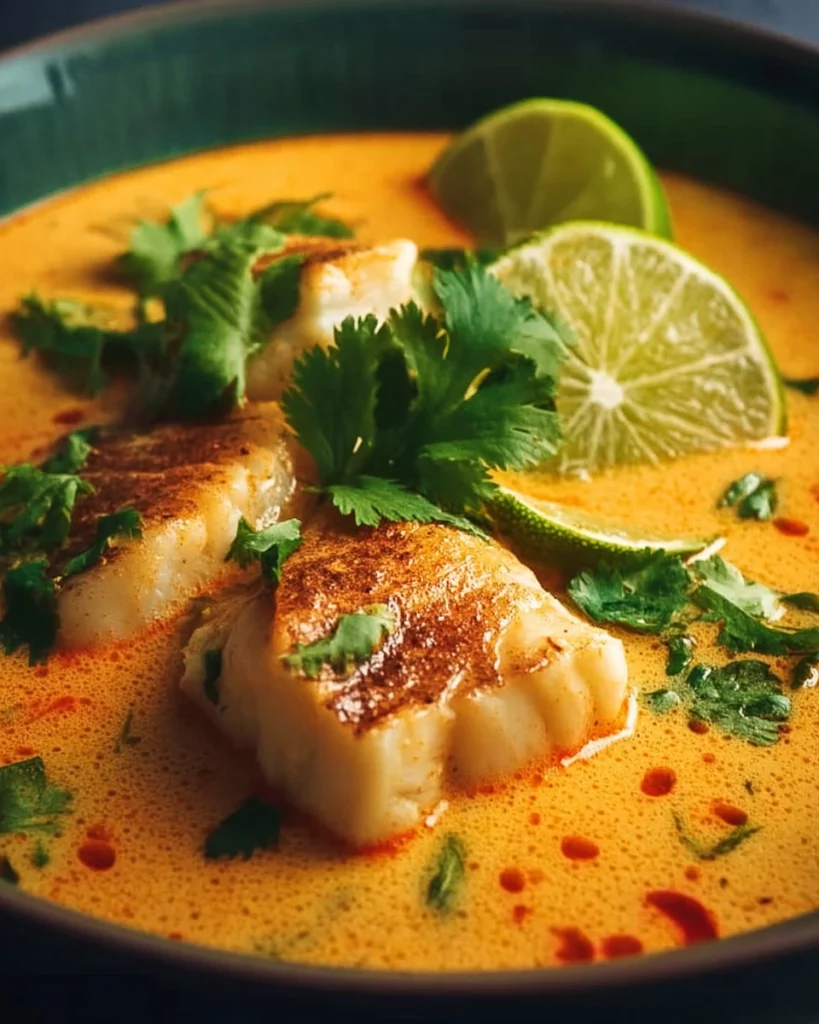 Bowl of Coconut Lime Fish Soup garnished with herbs and lime slices