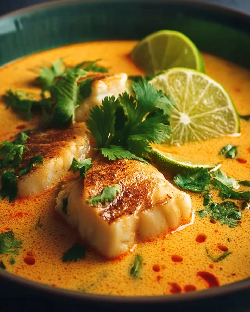 Bowl of Coconut Lime Fish Soup garnished with herbs and lime slices