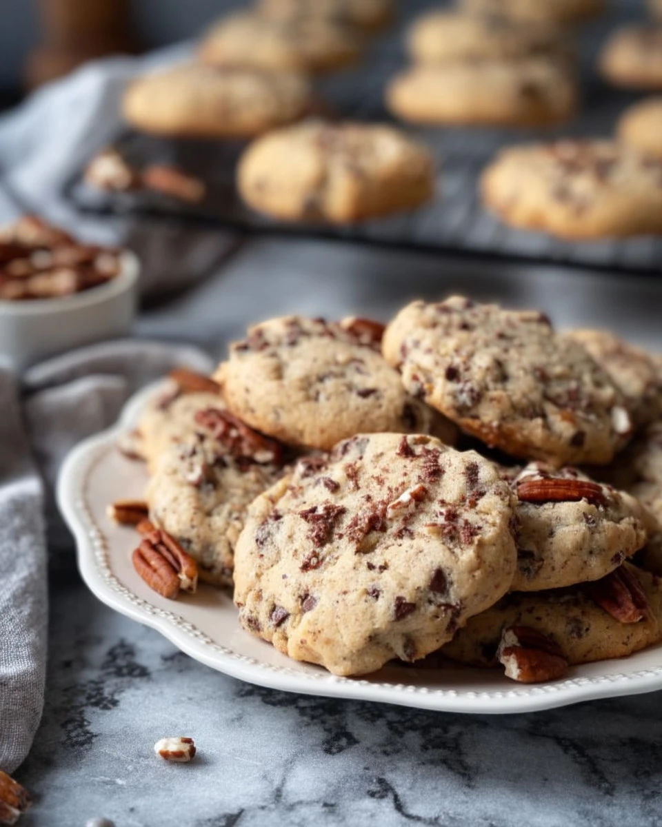 Plate of freshly baked Coconut Pecan Cookies with a sprinkle of coconut flakes