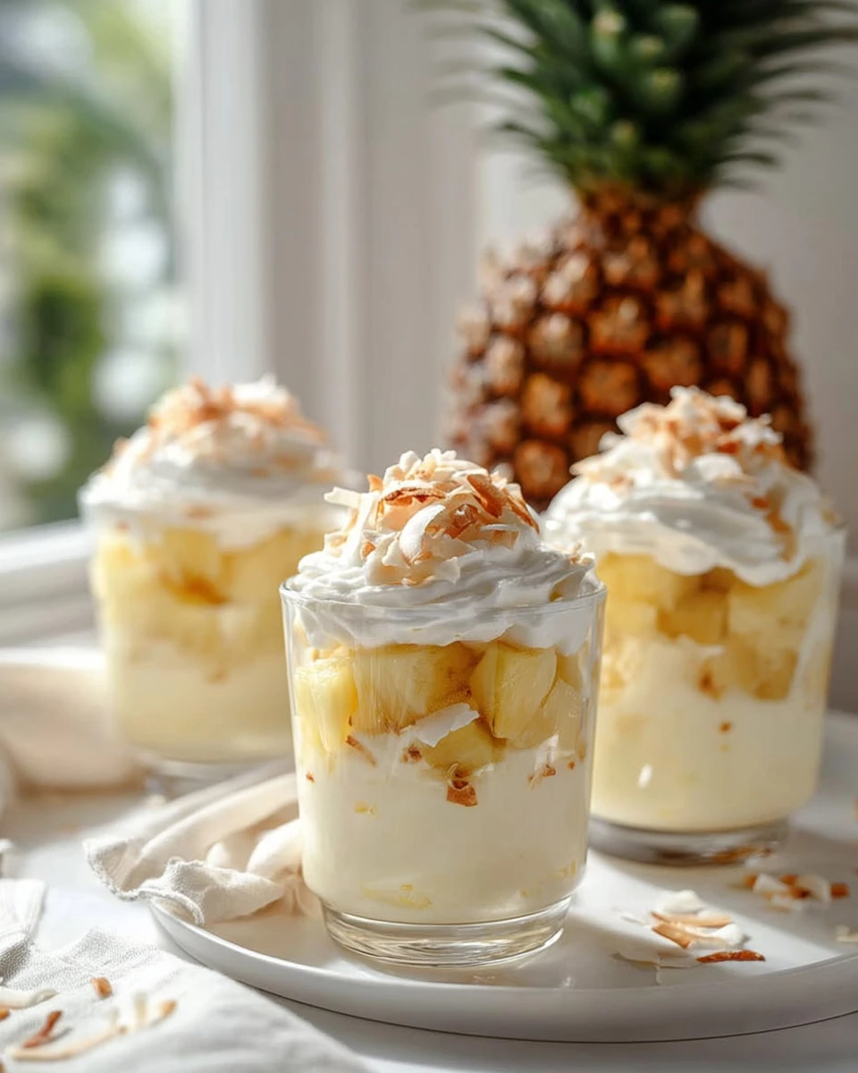 Delicious Coconut Pineapple Cream Parfaits in a glass dessert cup