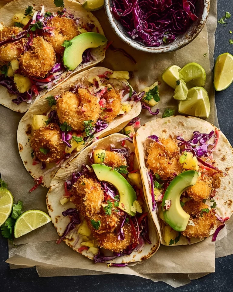 Delicious Coconut Shrimp Tacos topped with fresh ingredients in a soft tortilla