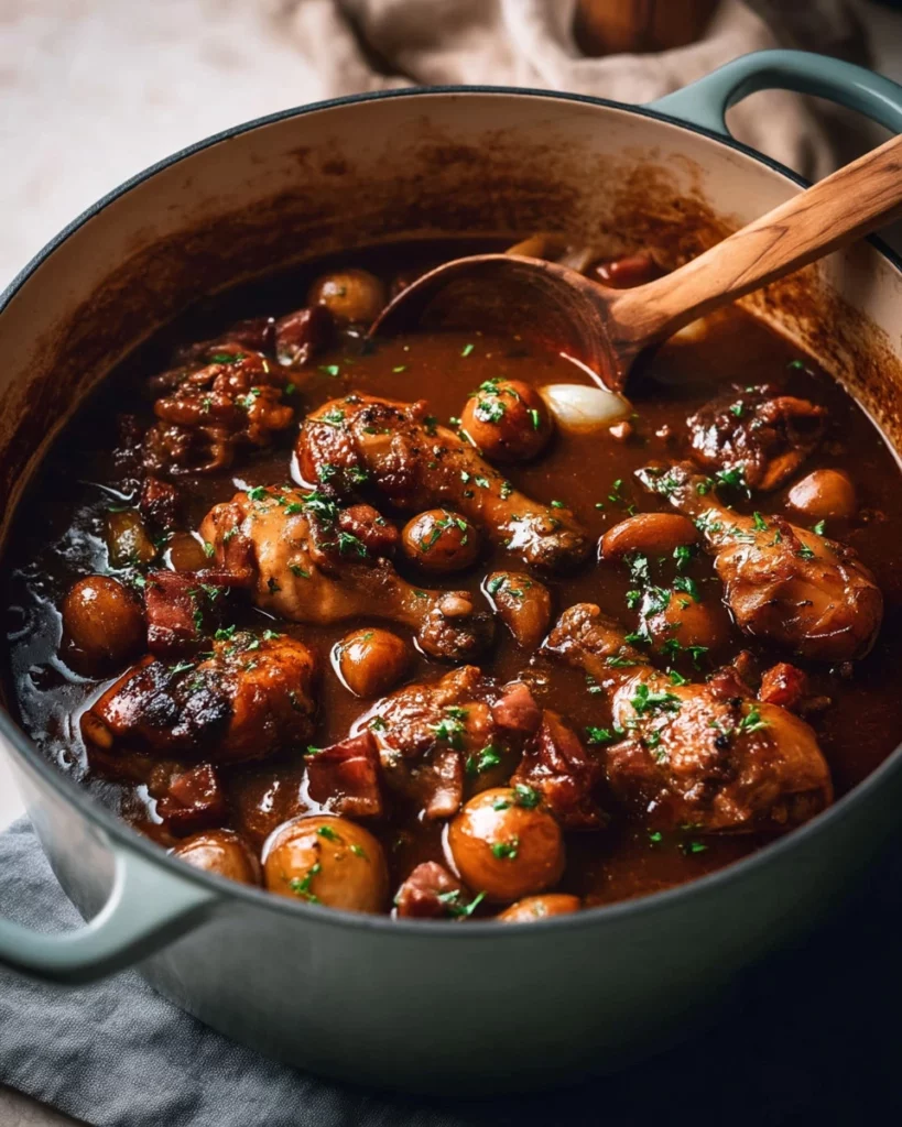 Delicious Coq au Vin, a traditional French chicken dish cooked in red wine