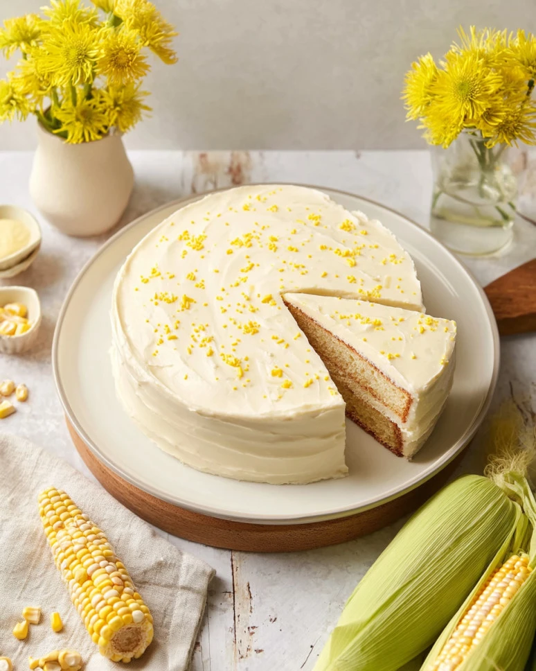 Delicious Cornbread Cake topped with creamy Honey Buttercream frosting.