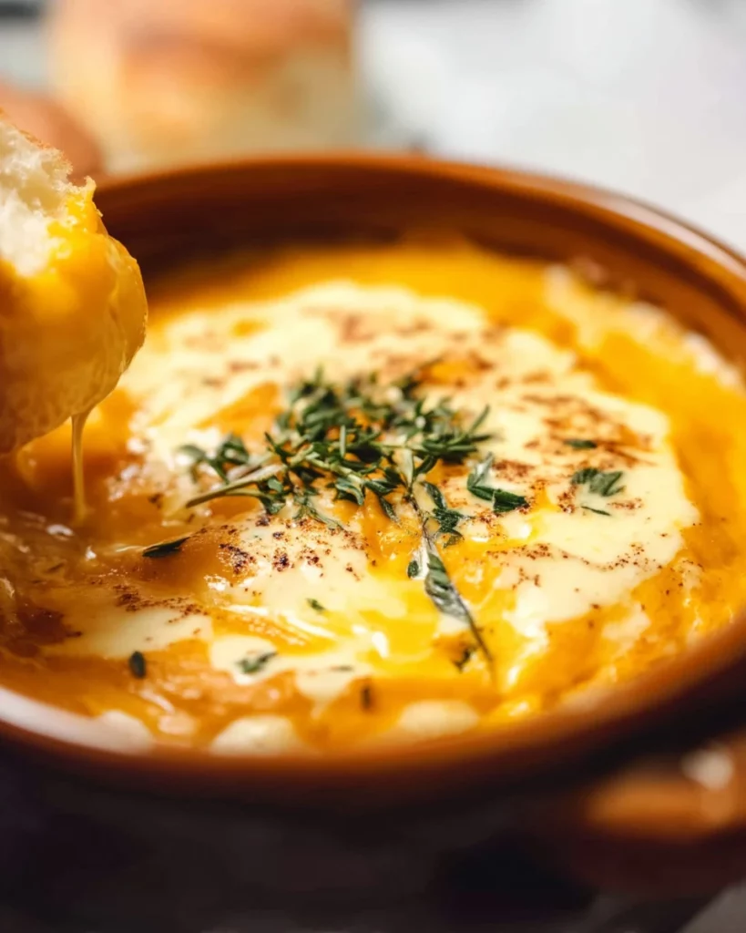 Bowl of cozy classic pumpkin soup garnished with herbs.