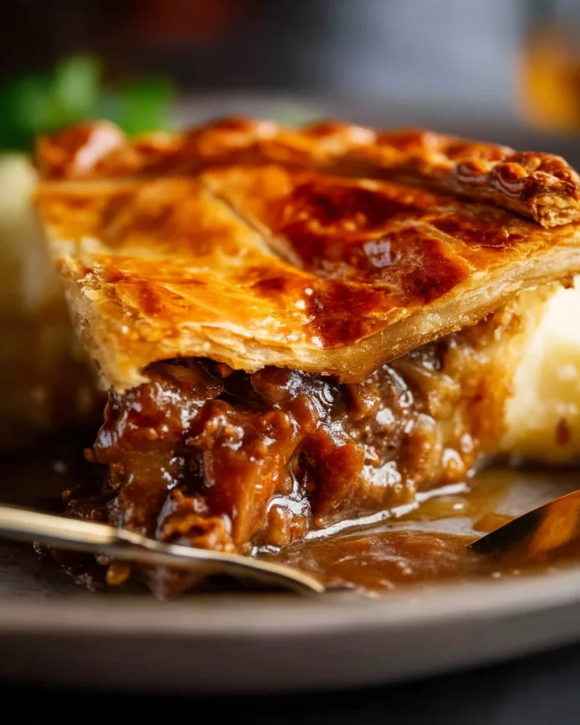 Cozy family meat pie served on a wooden table with fresh herbs